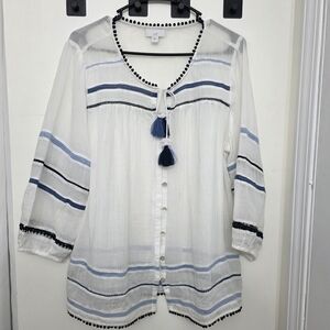 J. Jill ‘Ocean Breeze’ 3/4 Sleeve White With Blue Accents Tasseled Blouse Size M